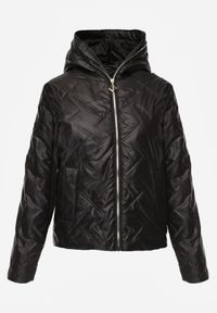 Renee - Czarna Pikowana Kurtka z Nieodpinanym Kapturem z Ozdobną Naszywką Chloreris. Okazja: na co dzień. Kolor: czarny. Materiał: poliester, jeans. Wzór: aplikacja. Sezon: wiosna. Styl: casual #2