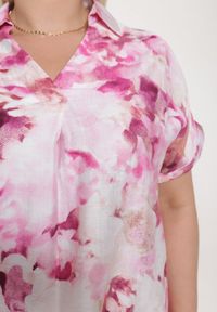 Born2be - Różowo-Biała Koszulowa Bluzka z Bawełną i Ozdobnym Rękawem Risselle. Kolor: różowy. Materiał: bawełna #3