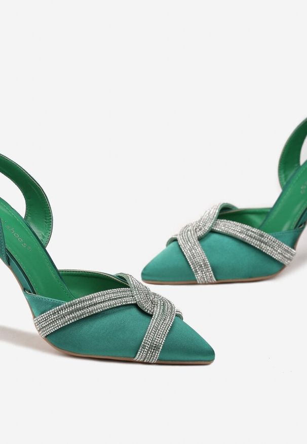 Born2be - Zielone Sandały na Szpilce z Paskami z Cyrkoniami Crossia. Zapięcie: pasek. Kolor: zielony. Wzór: aplikacja. Obcas: na szpilce