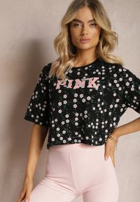 Renee - Czarny Oversize T-shirt Krótki z Bawełny Ozdobiony Napisem i Printem Dawene. Okazja: na co dzień. Kolor: czarny. Materiał: bawełna. Długość: krótkie. Wzór: aplikacja, napisy, nadruk. Styl: casual