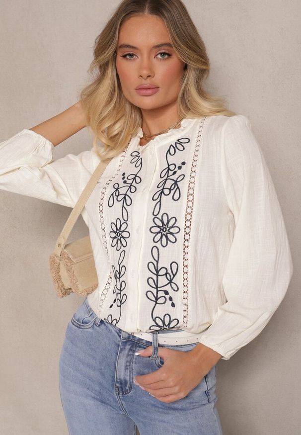Renee - Beżowa Koszula z Wiskozą Bawełną i Haftem Nalorielle. Okazja: na co dzień. Kolor: beżowy. Materiał: bawełna, wiskoza. Wzór: haft. Styl: casual, elegancki