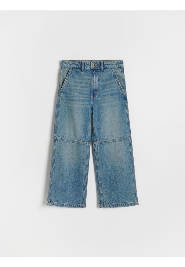 Reserved - Jeansy wide leg ze spraniem - niebieski. Kolor: niebieski