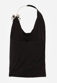 Renee - Czarny Marszczony Top Halter z Łańcuszkiem i Kwiatem Przy Dekolcie Idivanna. Okazja: na imprezę. Typ kołnierza: dekolt halter. Kolor: czarny. Materiał: jeans. Wzór: kwiaty. Styl: elegancki #8