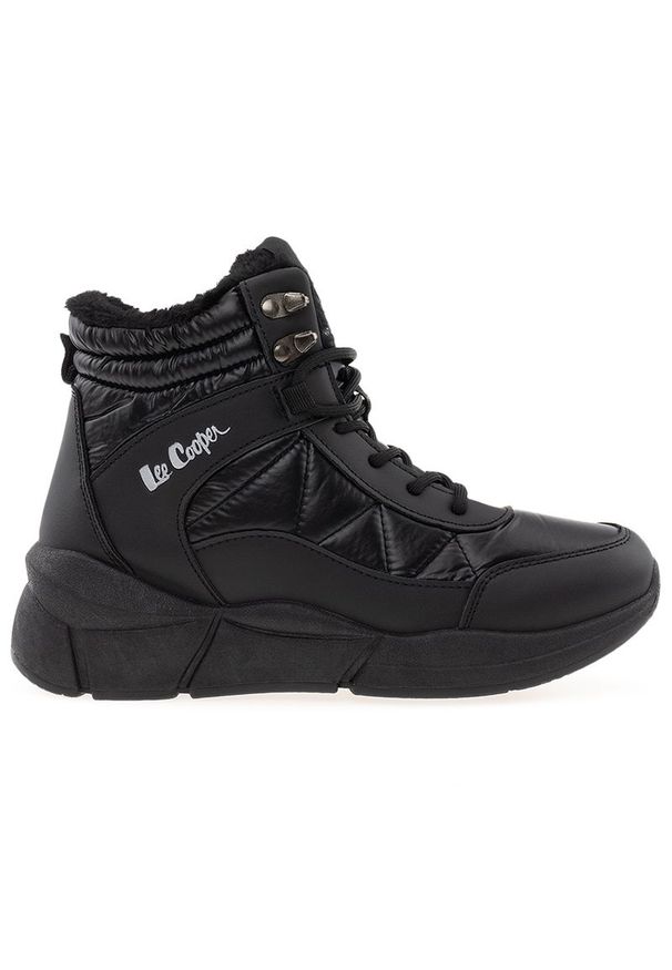 Buty Lee Cooper LCJ-23-44-1984L - czarne. Okazja: na co dzień. Wysokość cholewki: za kostkę. Zapięcie: sznurówki. Kolor: czarny. Materiał: futro, materiał, syntetyk, guma. Szerokość cholewki: normalna. Sezon: zima