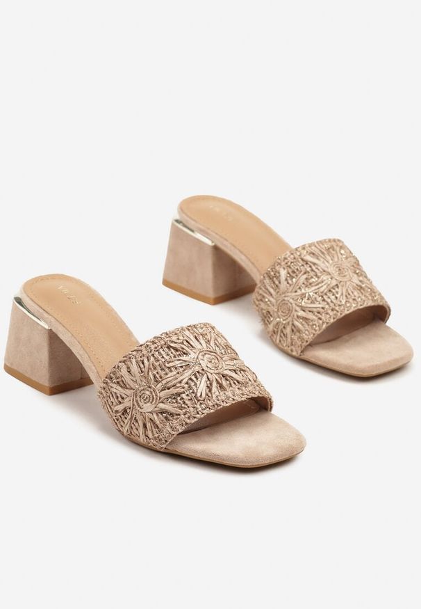 Born2be - Ciemnobeżowe Klapki Vices na Słupku Haftem z Metaliczną Nicią Isiriva. Okazja: na co dzień. Kolor: beżowy. Materiał: jeans. Wzór: haft. Obcas: na słupku. Styl: casual