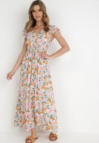 Born2be - Biało-Miętowa Sukienka Iraris. Typ kołnierza: kołnierz z falbankami. Kolor: biały. Materiał: wiskoza, tkanina, materiał. Długość rękawa: bez rękawów. Wzór: kwiaty. Sezon: lato. Typ sukienki: kopertowe. Długość: maxi #5