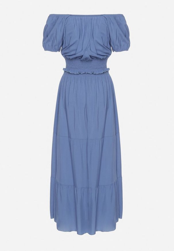 Born2be - Niebieski Komplet na Lato z Wiskozy Bluzka Hiszpanka i Rozkloszowana Spódnica Svaine. Kolor: niebieski. Materiał: wiskoza