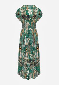 Born2be - Zielona Sukienka Maxi z Wiskozy z Gumką w Talii i Guzikami Nyllu. Kolor: zielony. Materiał: wiskoza. Wzór: aplikacja. Długość: maxi #3