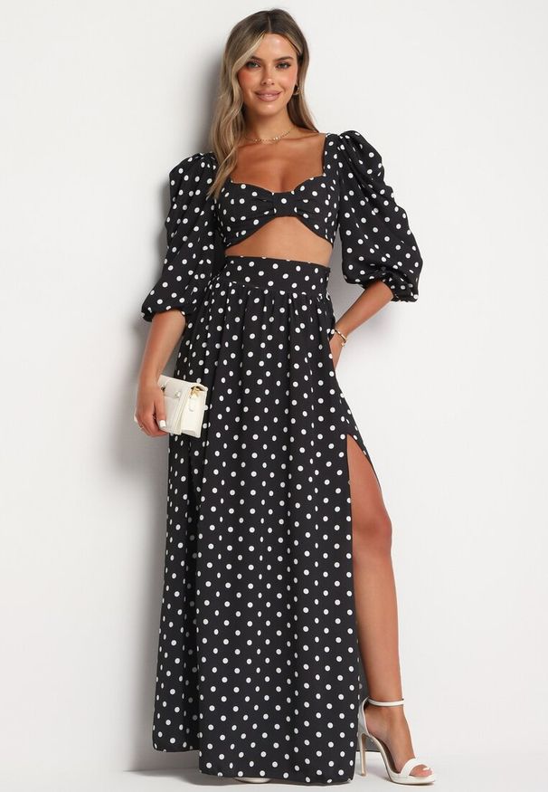 Born2be - Czarny Komplet 2-Częściowy Top z Gumką i Szerokimi Rękawami Spódnica z Gumką w Talii Vandrea. Kolor: czarny