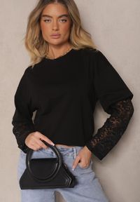 Renee - Czarna Bluzka T-shirt o Kroju Oversize z Rękawami z Koronki Dillifia. Okazja: na co dzień. Kolor: czarny. Materiał: koronka. Wzór: koronka. Styl: casual, elegancki #3