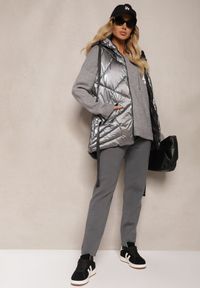 Renee - Ciemnoszare Spodnie z Bawełną High Waist Ozdobione Sznurkiem Venaline. Okazja: na co dzień. Stan: podwyższony. Kolor: szary. Materiał: bawełna. Wzór: aplikacja. Styl: klasyczny, casual #3