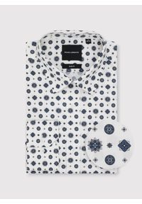 Pako Lorente - Biała koszula w niebieski wzór geometryczny. Kolor: biały, niebieski, wielokolorowy. Materiał: elastan, bawełna. Długość rękawa: długi rękaw. Długość: długie. Wzór: geometria #3