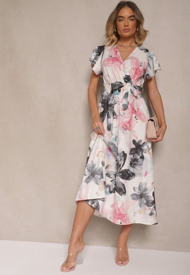 Renee - Biało-Czarna Kopertowa Sukienka z Wiązanym Paskiem w Kwiatowy Wzór Redellira. Okazja: na co dzień. Typ kołnierza: dekolt w kształcie V. Kolor: czarny. Wzór: kwiaty. Typ sukienki: kopertowe. Styl: casual, klasyczny