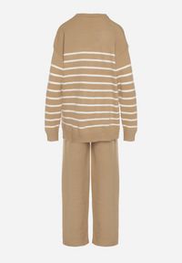 Born2be - Ciemnobeżowy Komplet z Wełną i Bawełną Sweter w Paski i Szerokie Spodnie Neveena. Kolor: beżowy. Materiał: wełna, bawełna. Wzór: paski #6