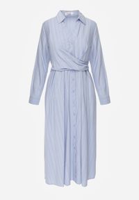 Born2be - Niebieska Koszulowa Sukienka z Wiskozy z Ozdobnym Marszczeniem w Talii Batena. Okazja: na co dzień, na spotkanie biznesowe, do pracy. Kolor: niebieski. Materiał: wiskoza. Typ sukienki: koszulowe. Styl: casual, biznesowy, elegancki, klasyczny #2