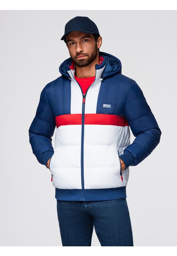 Ombre Clothing - Kolorowa sportowa męska kurtka w stylu retro – niebiesko-biała V1 - Rozmiar: M. Typ kołnierza: kołnierzyk stójkowy. Kolor: niebieski. Materiał: syntetyk, materiał. Wzór: kolorowy. Styl: retro, sportowy