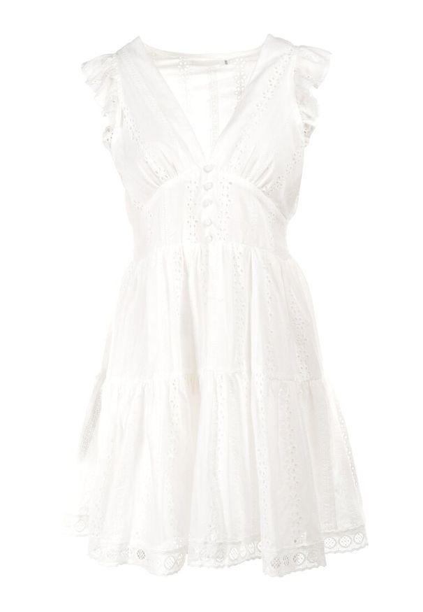 Born2be - Biała Sukienka Agniga. Typ kołnierza: kołnierz z falbankami, dekolt w kształcie V. Kolor: biały. Materiał: bawełna, materiał, koronka. Wzór: haft, koronka. Długość: mini