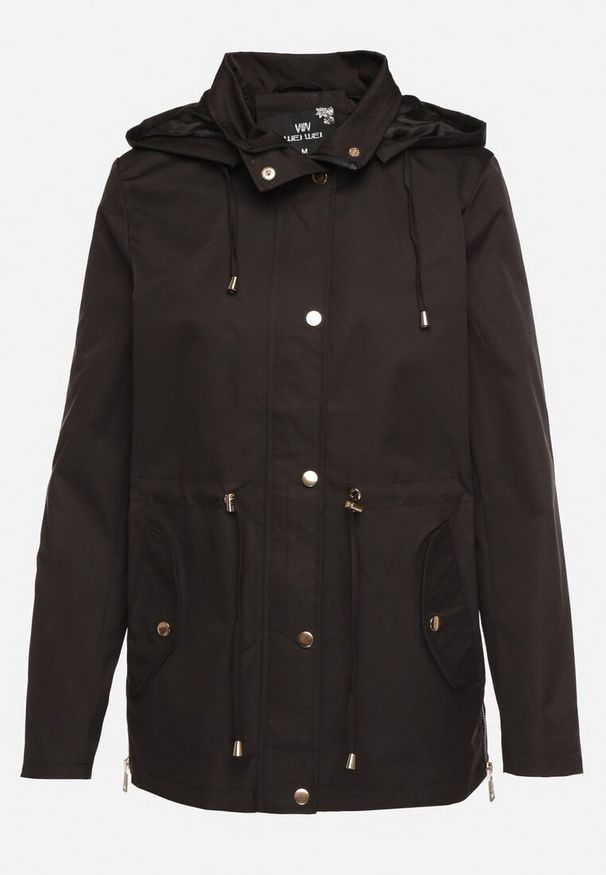 Born2be - Czarna Kurtka Parka z Odpinanym Kapturem i Ozdobnymi Suwakami Velotia. Okazja: na co dzień. Kolor: czarny. Materiał: koronka, jeans. Długość rękawa: długi rękaw. Długość: długie. Wzór: koronka. Styl: elegancki, klasyczny, casual