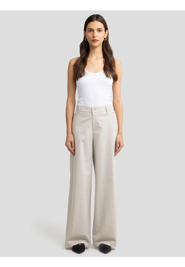 Big-Star - Spodnie damskie wide z dodatkiem lnu beżowe Maryliana 800. Okazja: na co dzień. Stan: podwyższony. Kolor: beżowy. Materiał: len. Styl: casual, klasyczny, retro, elegancki