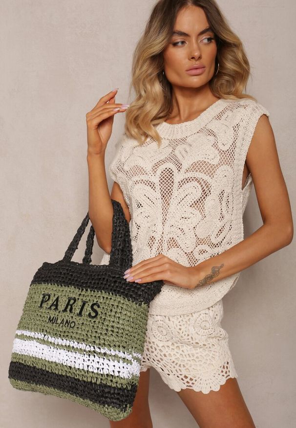 Renee - Zielono-Czarna Pleciona Torebka w Stylu Boho Ozdobiona Napisem Oegelia. Kolor: zielony. Wzór: aplikacja, napisy. Sezon: lato. Styl: boho