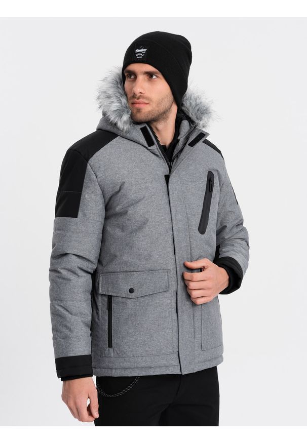 Ombre Clothing - Zimowa kurtka męska z regulowanym kapturem z odpinanym futerkiem - szaro-czarna V1 - Rozmiar: XXL. Kolor: szary. Materiał: futro. Sezon: zima