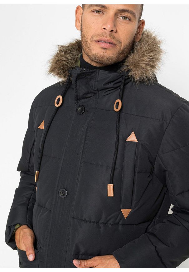 bonprix - Praktyczna, ocieplana kurtka parka na zimę, z kapturem ze sztucznym futerkiem i detalami z imitacji skóry. Typ kołnierza: kaptur. Kolor: czarny. Materiał: futro, skóra. Sezon: zima