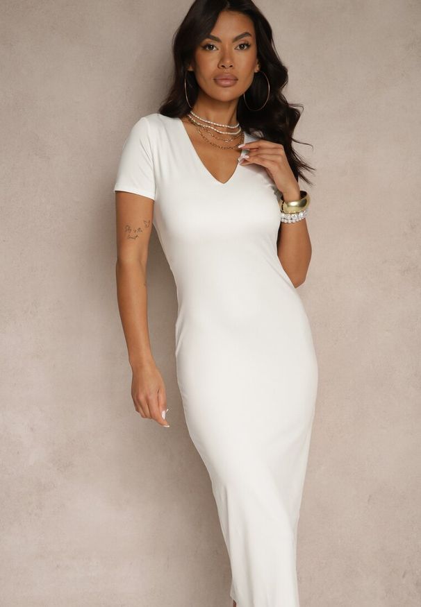 Renee - Biała Sukienka Bodycon o Dopasowanym Kroju z Dekoltem w V Efrerina. Okazja: na co dzień. Kolor: biały. Materiał: jeans. Długość rękawa: krótki rękaw. Typ sukienki: bodycon. Styl: klasyczny, casual, elegancki