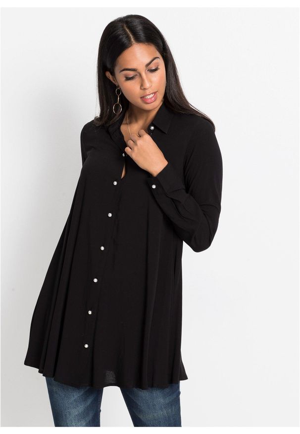 bonprix - Bluzka z czystej wiskozy. Typ kołnierza: dekolt w serek. Kolor: czarny. Materiał: wiskoza. Długość: długie. Styl: elegancki