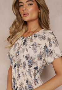 Renee - Beżowa Wiskozowa Sukienka Maxi w Kwiaty Gumką w Pasie Shyle. Kolor: beżowy. Materiał: wiskoza. Długość rękawa: krótki rękaw. Wzór: kwiaty. Sezon: lato, wiosna. Długość: maxi #4