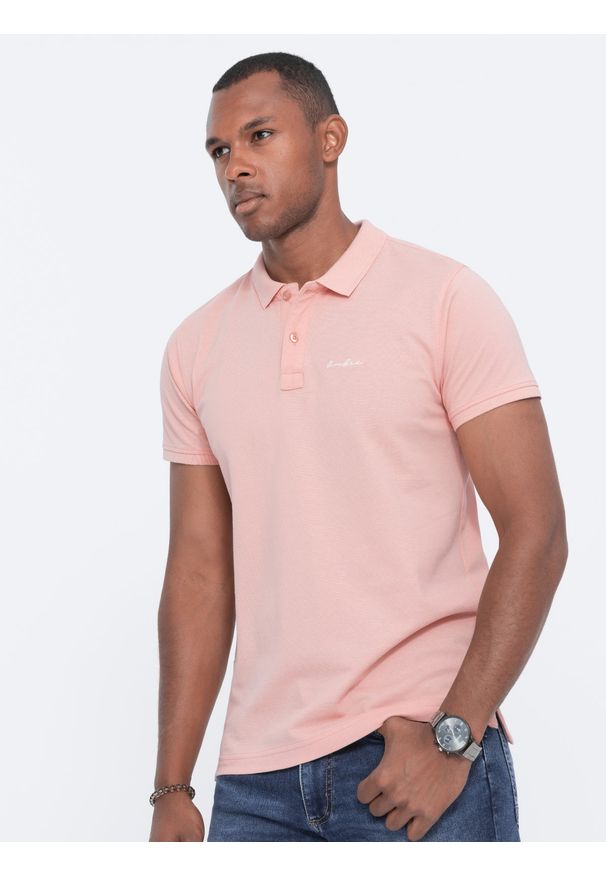 Ombre Clothing - Koszulka polo z dzianiny pique - jasnoróżowa V5 S1746 - XL. Typ kołnierza: polo. Kolor: różowy. Materiał: dzianina. Wzór: haft