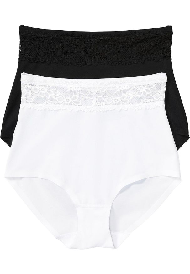 bonprix - Figi panty shape, lekki stopień modelowania sylwetki (2 pary). Kolor: czarny. Materiał: koronka. Wzór: koronka