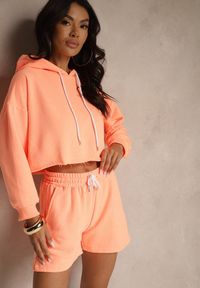Renee - Pomarańczowy Komplet Dresowy z Bawełną Szorty i Krótka Bluza z Kapturem Ralarose. Kolor: pomarańczowy. Materiał: dresówka, bawełna. Sport: turystyka piesza #4
