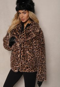 Renee - Brązowa Futrzana Kurtka w Panterkowy Print z Kieszeniami Delinnea. Okazja: na co dzień. Kolor: brązowy. Materiał: futro. Długość rękawa: długi rękaw. Długość: długie. Wzór: nadruk. Styl: casual, elegancki #1