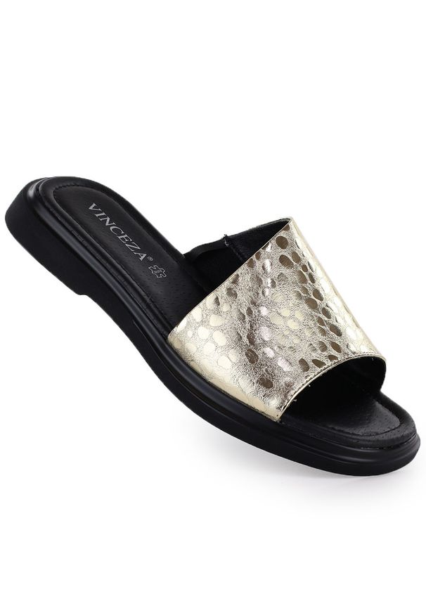 Skórzane klapki damskie złote Vinceza 66914. Kolor: złoty. Materiał: skóra