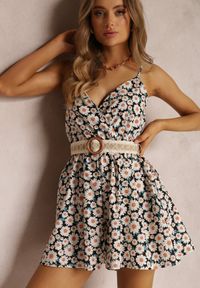 Renee - Czarno-Biały Kombinezon z Paskiem Filese. Kolor: czarny. Materiał: bawełna. Długość rękawa: na ramiączkach. Długość: krótkie. Wzór: kwiaty, aplikacja. Sezon: lato. Styl: boho, elegancki #5