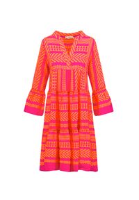 Devotion - Sukienka DEVOTION ELLA DRESS MIDI. Typ kołnierza: dekolt w kształcie V. Kolor: różowy, wielokolorowy, pomarańczowy. Materiał: bawełna, dresówka, tkanina. Styl: elegancki, wakacyjny. Długość: midi