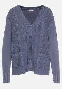 Born2be - Niebieski Kardigan z Bawełną Zdobiony Warkoczowym Splotem i Kieszeniami Mevesava. Okazja: na co dzień. Typ kołnierza: dekolt w serek. Kolor: niebieski. Materiał: bawełna. Wzór: ze splotem, aplikacja. Sezon: zima, jesień. Styl: casual, klasyczny #5