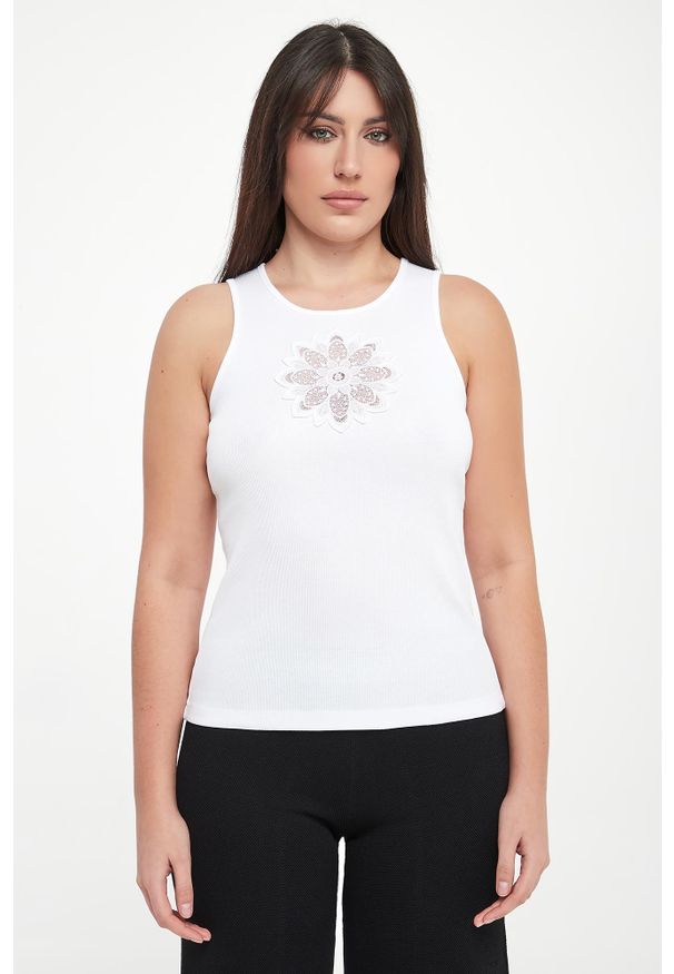 Twinset Milano - Top damski prążkowany z haftem TWINSET. Materiał: prążkowany. Wzór: haft