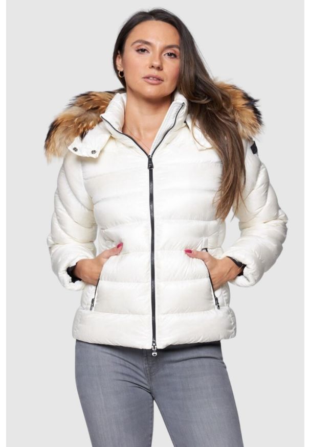 Hetrego - HETREGO Ecru damska puchowa kurtka Holly z odczepianym kapturem, Rozmiar 40 EU - 44 IT. Kolor: biały. Materiał: puch