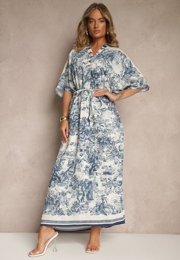 Renee - Niebieska Sukienka Oversize z Wiskozą i Abstrakcyjnym Motywem Lunisana. Okazja: na co dzień. Kolor: niebieski. Materiał: wiskoza. Typ sukienki: oversize. Styl: elegancki, casual