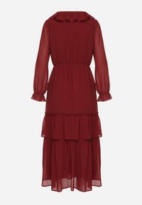 Born2be - Bordowa Siateczkowa Sukienka VICES o Rozkloszowanym Kroju z Falbanami Arevite. Typ kołnierza: dekolt w kształcie V. Kolor: czerwony. Typ sukienki: rozkloszowane. Styl: klasyczny #3