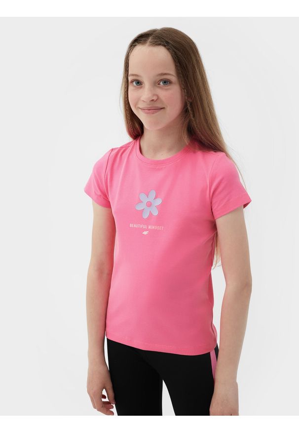 4f - T-shirt z nadrukiem dziewczęcy. Kolor: różowy. Materiał: bawełna, elastan. Wzór: nadruk