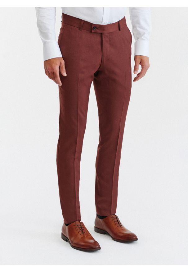 Pako Lorente - PAKO LORENTE – Gładkie spodnie garniturowe w kolorze brązowym. Kolor: brązowy. Materiał: wełna, poliester. Wzór: gładki