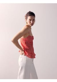 Reserved - Top w kratę vichy - pomarańczowy. Kolor: pomarańczowy. Materiał: len, bawełna, tkanina. Styl: klasyczny #1