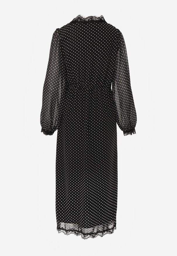Renee - Czarna Sukienka w Kropki Ozdobiona Koronką i Przezroczystymi Rękawami Neanirae. Typ kołnierza: dekolt w kształcie V. Kolor: czarny. Materiał: koronka. Wzór: kropki, aplikacja, koronka. Sezon: wiosna. Styl: klasyczny