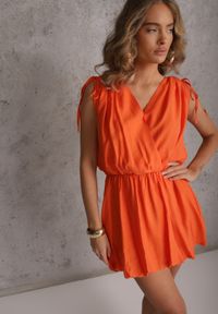 Renee - Pomarańczowa Kopertowa Sukienka Bombka z Wiązaniami Nyana. Typ kołnierza: dekolt kopertowy. Kolor: pomarańczowy. Typ sukienki: bombki, kopertowe. Styl: elegancki #7