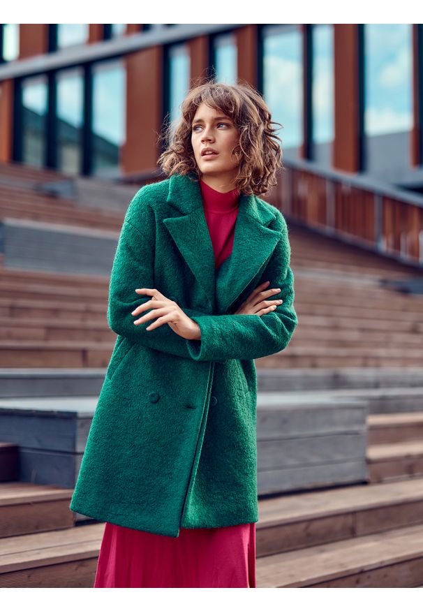 TOP SECRET - Wełniany dwurzędowy płaszcz. Kolor: zielony. Materiał: wełna