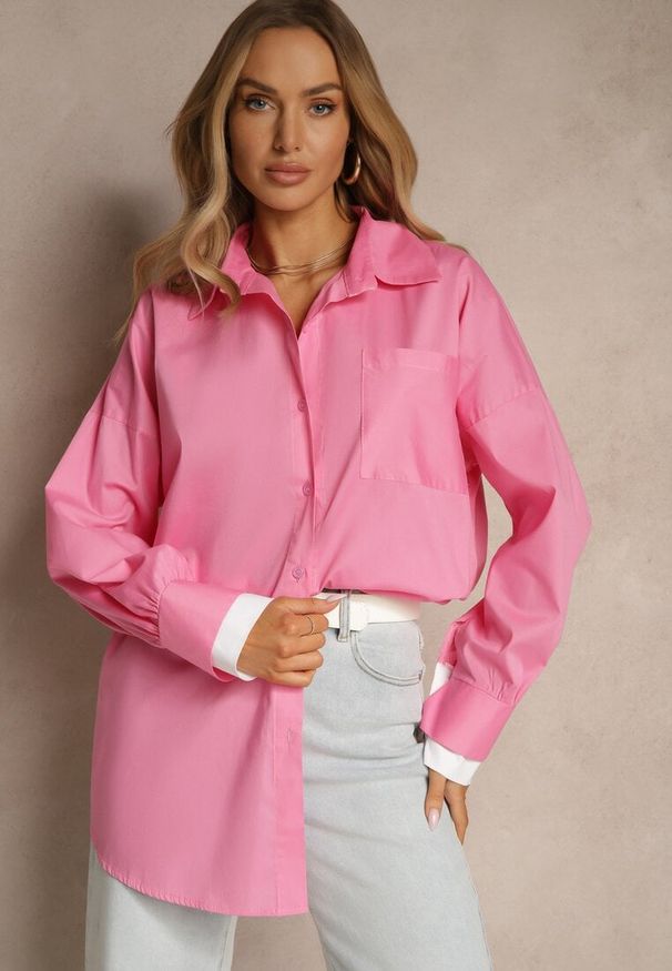 Renee - Fuksjowa Bawełniana Koszula Typu Oversize Ronmira. Okazja: na co dzień. Kolor: różowy. Materiał: bawełna. Styl: elegancki, casual