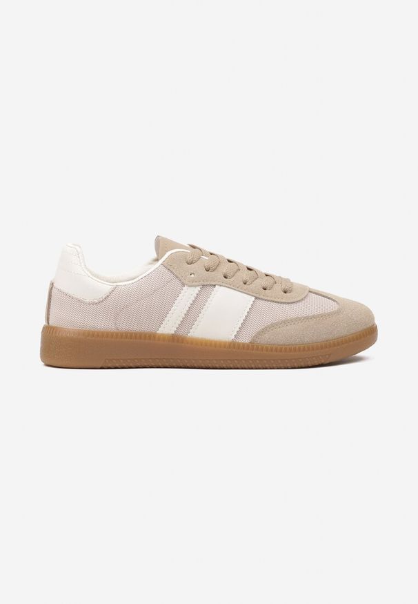 Renee - Ciemnobeżowe Sneakersy na Kauczukowej Podeszwie Ozdobione Paskami Emidi. Okazja: na co dzień. Zapięcie: pasek. Kolor: beżowy. Materiał: kauczuk. Szerokość cholewki: normalna. Wzór: aplikacja. Obcas: na płaskiej podeszwie, na obcasie. Wysokość obcasa: niski