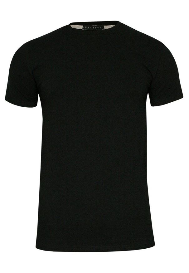 Czarny T-shirt Męski, Krótki Rękaw -Just Yuppi- Koszulka, BASIC, Jednokolorowa, U-Neck. Okazja: na co dzień. Kolor: czarny. Materiał: bawełna, elastan. Długość rękawa: krótki rękaw. Długość: krótkie. Styl: casual